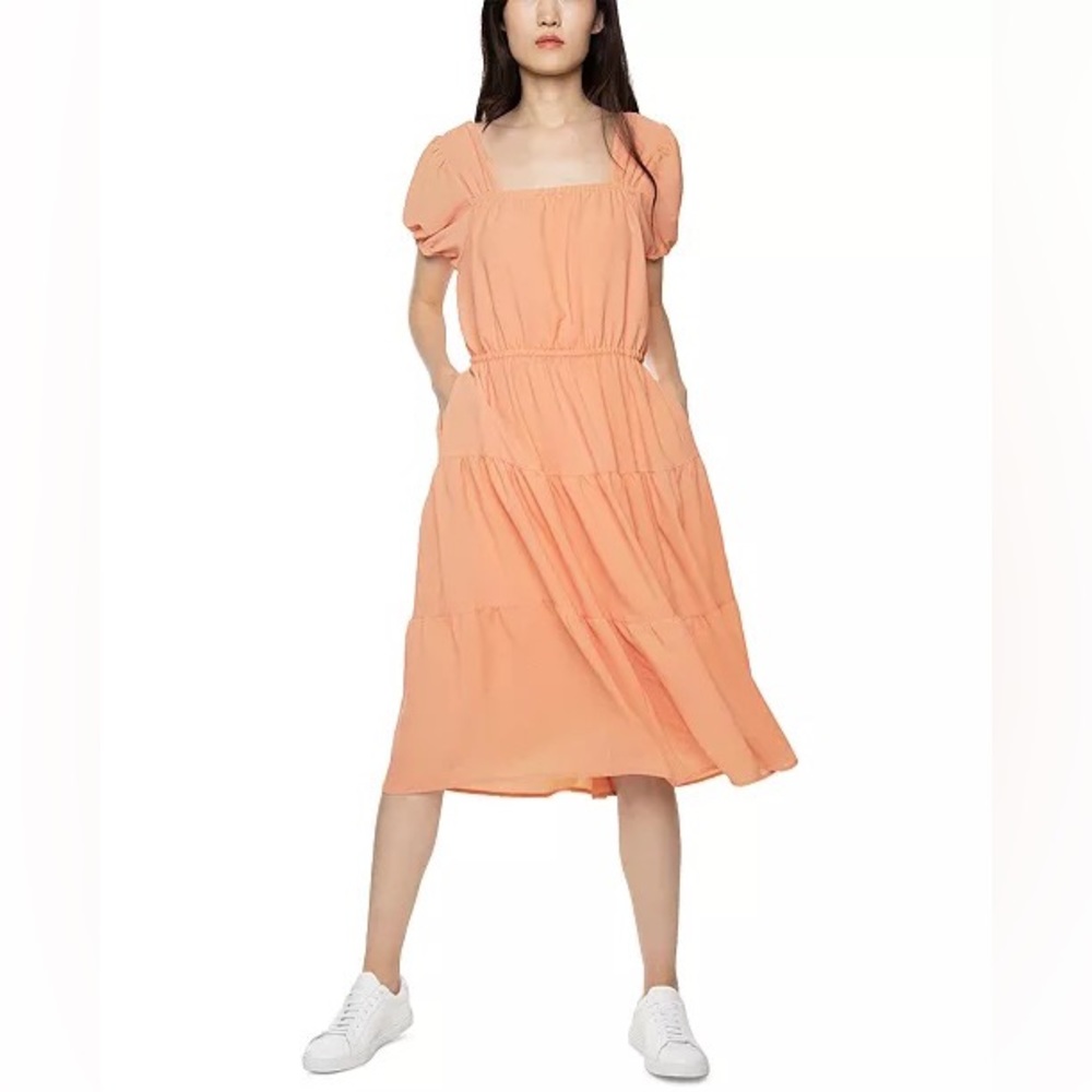 Puff-Sleeve Tiered Midi Dress